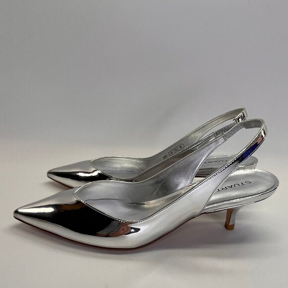 Stuart Weitzman EVA 50 Slingback Heels Sz 6.5 Silver Metallic Kitten Pointed Toe - Picture 3 of 14